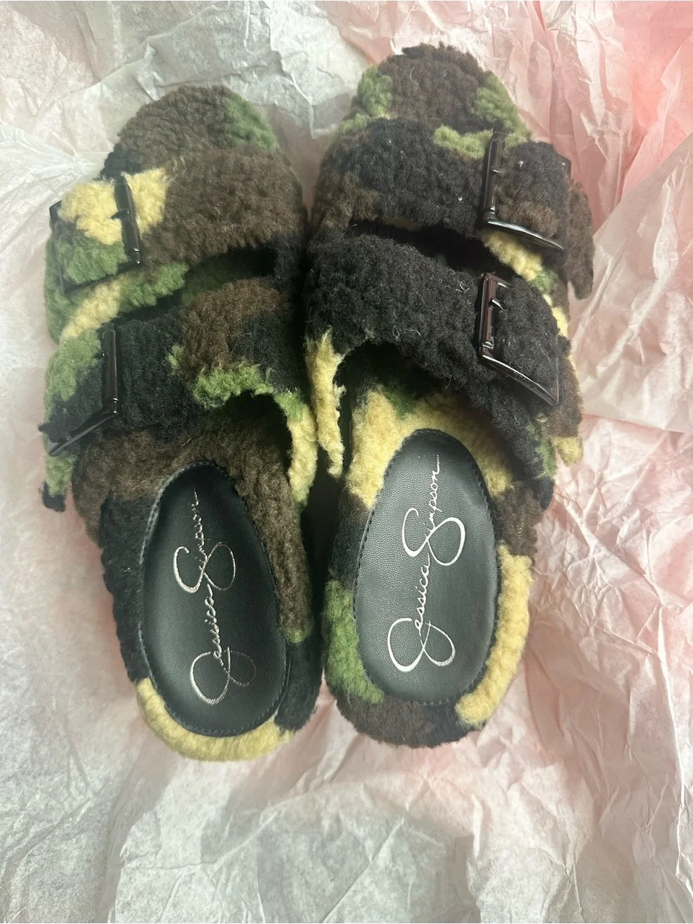 NWOB JESSICA SIMPSON Cyriss Faux Shearling Platform Slide Sandal -Camo